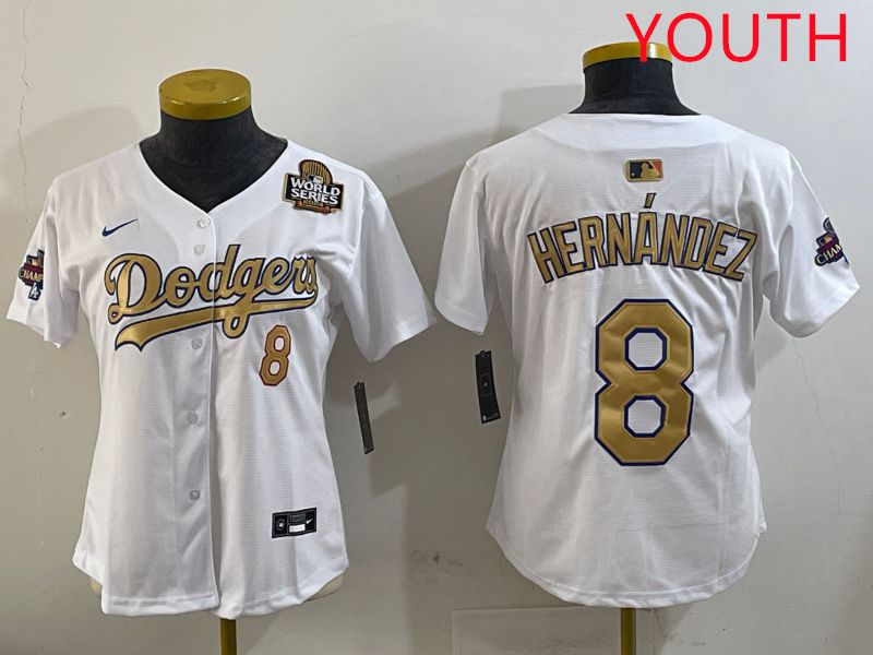 Youth Los Angeles Dodgers #8 Hernandez White Gold Game Nike 2025 MLB Jersey style 4296->women mlb jersey->Women Jersey